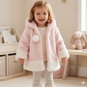American Widgeon Girls Pink White Faux Fur Hooded Coat Jacket Size 2 Snap Front